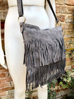 Dark GRAY cross body fringed bag. Gray boho suede leather bag with FRINGES. Larger style. Genuine suede crossbody hippy bag.GREY suede purse