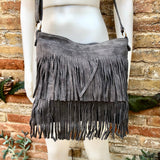 Dark GRAY cross body fringed bag. Gray boho suede leather bag with FRINGES. Larger style. Genuine suede crossbody hippy bag.GREY suede purse