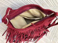 BURGUNDY cross body fringed bag. Boho suede leather bag with FRINGES. Larger style. Genuine suede crossbody hippy bag. Wine red suede purse