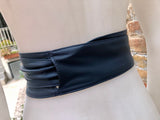 Dark blue - navy blue obi belt. Wrap belt in soft genuine leather. Wraparound waist belt. Wide style. Boho dress belt in dark blue leather