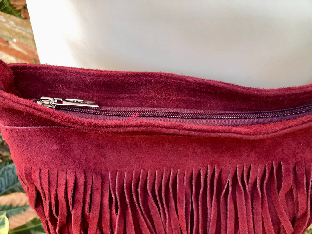BURGUNDY cross body fringed bag. Boho suede leather bag with FRINGES. Larger style. Genuine suede crossbody hippy bag. Wine red suede purse
