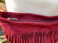 BURGUNDY cross body fringed bag. Boho suede leather bag with FRINGES. Larger style. Genuine suede crossbody hippy bag. Wine red suede purse