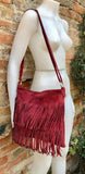 BURGUNDY cross body fringed bag. Boho suede leather bag with FRINGES. Larger style. Genuine suede crossbody hippy bag. Wine red suede purse