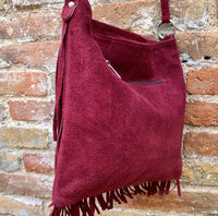 BURGUNDY cross body fringed bag. Boho suede leather bag with FRINGES. Larger style. Genuine suede crossbody hippy bag. Wine red suede purse