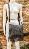 Dark GRAY cross body fringed bag. Gray boho suede leather bag with FRINGES. Larger style. Genuine suede crossbody hippy bag.GREY suede purse