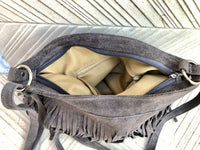 Dark GRAY cross body fringed bag. Gray boho suede leather bag with FRINGES. Larger style. Genuine suede crossbody hippy bag.GREY suede purse