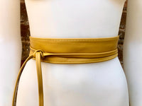 Obi belt in soft leather. Narrow style. Wrap belt in mustard YELLOW. Genuine leather tobacco wraparound waist belt. Boho yellow wide belt.