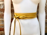 Obi belt in soft leather. Narrow style. Wrap belt in mustard YELLOW. Genuine leather tobacco wraparound waist belt. Boho yellow wide belt.