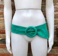 Turquoise green suede waist belt with large round buckle.Boho soft suede belt in light emerald green. Genuine naturalgreen suede leather