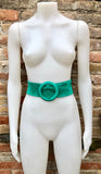 Turquoise green suede waist belt with large round buckle.Boho soft suede belt in light emerald green. Genuine naturalgreen suede leather