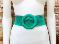 Turquoise green suede waist belt with large round buckle.Boho soft suede belt in light emerald green. Genuine naturalgreen suede leather