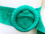 Turquoise green suede waist belt with large round buckle.Boho soft suede belt in light emerald green. Genuine naturalgreen suede leather