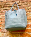 Tote leather bag in blue - gray with ZIPPER. GENUINE leather shopper. Large carry all bag for your laptop, books.BLUE leather shopper