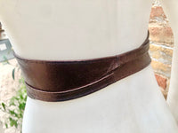 Dark brown OBI belt in natural soft leather. Waist belt,wide leather belt, metallic, wrap belt, boho sash, boho wraparound brown belt