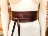 Dark brown OBI belt in natural soft leather. Waist belt,wide leather belt, metallic, wrap belt, boho sash, boho wraparound brown belt