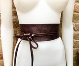 Dark brown OBI belt in natural soft leather. Waist belt,wide leather belt, metallic, wrap belt, boho sash, boho wraparound brown belt