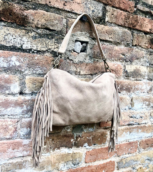 Crossbody / shoulder beige fringe bag. BOHO suede leather bag with FRINGES. Genuine suede crossbody hippy bag. Beige fringed purse. 2 straps