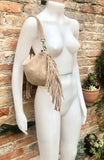 Crossbody / shoulder beige fringe bag. BOHO suede leather bag with FRINGES. Genuine suede crossbody hippy bag. Beige fringed purse. 2 straps