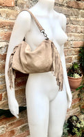 Crossbody / shoulder beige fringe bag. BOHO suede leather bag with FRINGES. Genuine suede crossbody hippy bag. Beige fringed purse. 2 straps