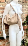 Crossbody / shoulder beige fringe bag. BOHO suede leather bag with FRINGES. Genuine suede crossbody hippy bag. Beige fringed purse. 2 straps