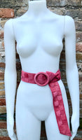 Coral red - pink suede waist belt with large round buckle.Boho soft suede belt in coral. Genuine natural salmon red suede leather