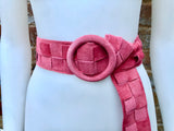 Coral red - pink suede waist belt with large round buckle.Boho soft suede belt in coral. Genuine natural salmon red suede leather