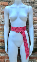 Coral red - pink suede waist belt with large round buckle.Boho soft suede belt in coral. Genuine natural salmon red suede leather