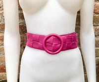 Hot pink leather waist belt with large round buckle. Boho soft genuine leather belt in fuchsia.Magenta wide waist belt. Braided leather