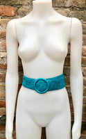 Turquoise leather waist belt with large round buckle. Boho soft genuine leather belt in blue .Turquoise wide waist belt. Braided leather