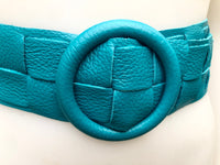 Turquoise leather waist belt with large round buckle. Boho soft genuine leather belt in blue .Turquoise wide waist belt. Braided leather