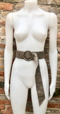 Light brown leather waist belt with large round buckle. Boho soft genuine leather belt in taupe color. Tan wide waist belt. Braided leather