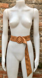 Camel brown leather waist belt with large round buckle. Boho soft genuine leather belt in light brown.Tan wide waist belt. Braided leather