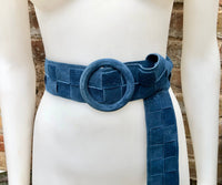 Blue suede waist belt with large round buckle. Boho soft suede wide belt in blue. Genuine natural blue suede leather. Blue dress belt