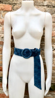 Blue suede waist belt with large round buckle. Boho soft suede wide belt in blue. Genuine natural blue suede leather. Blue dress belt