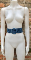 Blue suede waist belt with large round buckle. Boho soft suede wide belt in blue. Genuine natural blue suede leather. Blue dress belt