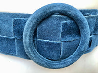 Blue suede waist belt with large round buckle. Boho soft suede wide belt in blue. Genuine natural blue suede leather. Blue dress belt