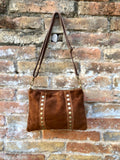 Crossbody bag. Camel BROWN boho suede leather purse with bronze color tacks Genuine suede leather messenger bag. Saddle brown crossbody bag