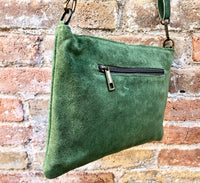 Crossbody bag. Green boho suede leather purse with bronze color tacks. Green genuine suede leather messenger bag. Moss green suede purse.