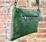 Crossbody bag. Green boho suede leather purse with bronze color tacks. Green genuine suede leather messenger bag. Moss green suede purse.