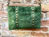 Crossbody bag. Green boho suede leather purse with bronze color tacks. Green genuine suede leather messenger bag. Moss green suede purse.