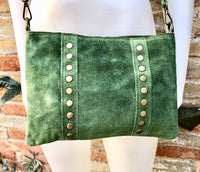 Crossbody bag. Green boho suede leather purse with bronze color tacks. Green genuine suede leather messenger bag. Moss green suede purse.