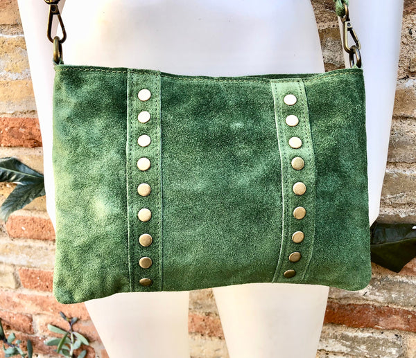 Crossbody bag. Green boho suede leather purse with bronze color tacks. Green genuine suede leather messenger bag. Moss green suede purse.