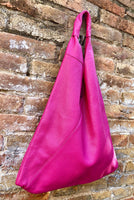 Slouch leather bag in fuchsia PINK . Large shoulder leather bag. Origami boho bag. Large magenta GENUINE leather purse. Hot PINK shopper bag