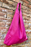 Slouch leather bag in fuchsia PINK . Large shoulder leather bag. Origami boho bag. Large magenta GENUINE leather purse. Hot PINK shopper bag