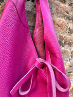 Slouch leather bag in fuchsia PINK . Large shoulder leather bag. Origami boho bag. Large magenta GENUINE leather purse. Hot PINK shopper bag