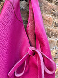 Slouch leather bag in fuchsia PINK . Large shoulder leather bag. Origami boho bag. Large magenta GENUINE leather purse. Hot PINK shopper bag