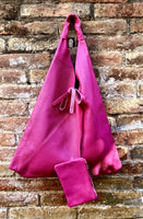 Slouch leather bag in fuchsia PINK . Large shoulder leather bag. Origami boho bag. Large magenta GENUINE leather purse. Hot PINK shopper bag