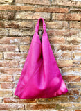 Slouch leather bag in fuchsia PINK . Large shoulder leather bag. Origami boho bag. Large magenta GENUINE leather purse. Hot PINK shopper bag