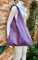 Slouch leather bag in PURPLE . Large shoulder leather bag. Origami boho bag. Large mauve GENUINE leather purse. Lavender purple shopper bag