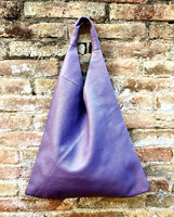 Slouch leather bag in PURPLE . Large shoulder leather bag. Origami boho bag. Large mauve GENUINE leather purse. Lavender purple shopper bag